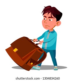 Child Boy With Effort Draging Along The Floor A Heavy School Backpack Vector. Isolated Illustration