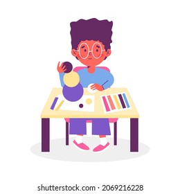 Child boy engaged with handicraft creative hobby, flat cartoon vector illustration isolated on white background. Kids extracurricular activity and craft lessons.