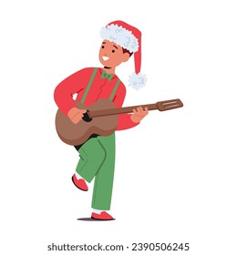 Child Boy In A Festive Christmas Costume Strums A Guitar With Joy. Happy Kid Character Spreading Holiday Cheer With Melodic Notes And A Heartwarming Smile. Cartoon People Vector Illustration
