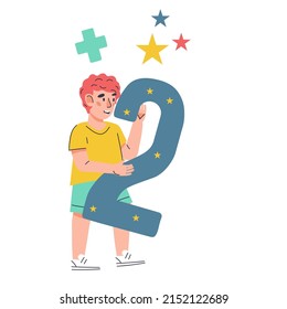Child boy with figure 2 two in hands, vector cartoon flat illustration isolated on background. Child learning numbers, counting and mathematics. Kids education.