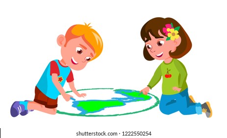 Child Boy, Girl Drawing Earth On Asphalt Vector. Isolated Illustration
