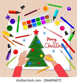 Child  boy girl draws bright Christmas card and pencils  paints  markers  Painted Christmas tree  multicolored balloons  inscription Merry Christmas  Children doodle  drawing  Vector illustration