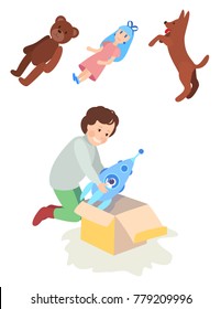 Child boy or girl opens the gift box toy, space rocket, doll, Teddy bear or pet a dog. Christmas, New year or birthday. The kid enjoys the gift, a surprise. Flat style, isolated on white background