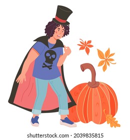 Child  boy in Halloween costume of vampire Dracula with pumpkin and autumn leaves, flat cartoon vector illustration isolated on white background. 
