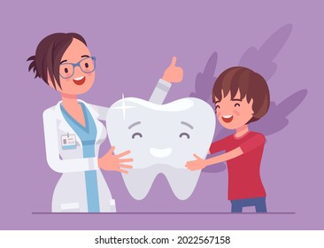 Child boy, happy dentist doctor and healthy clean tooth. Female stomatologist giving little child medical examination of dental treatment, good medical consultation. Vector illustration