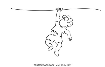 Child boy have fun hanging on branch. Playground. Kid weighs on rings upside down. Continuous one line drawing. Vector illustration. Isolated on white background