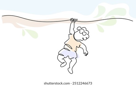 Child boy have fun hanging on branch of tree. Playground. Kid weighs on rings upside down. Continuous one line drawing. Vector illustration. Isolated on white background