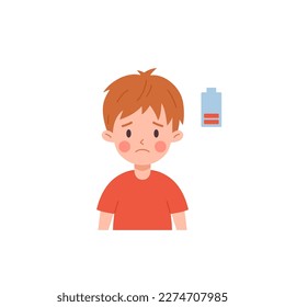 Child boy having fatigue flu symptom flat style, vector illustration isolated on white background. Low battery sign, illness kid, disease and healthcare