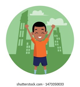 child boy having fun and playing in the city scenery round icon vector illustration graphic design