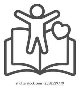 Child boy with heart at book line icon, children book holiday concept. Vector graphics. Human kid and opened textbook sign on white background, outline style icon for mobile or web design