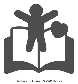 Child boy with heart at book solid icon, children book holiday concept. Vector graphics. Human kid and opened textbook sign on white background, glyph style icon for mobile or web design