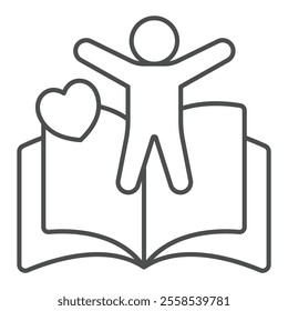 Child boy with heart at book thin line icon, children book holiday concept. Vector graphics. Human kid and opened textbook sign on white background, outline style icon for mobile or web design