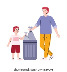Child boy helps father to throw garbage, cartoon vector illustration isolated.
