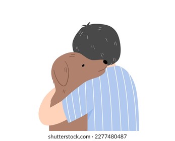 A child boy hugging a dog, dog therapy concept. Flat vector illustration.	