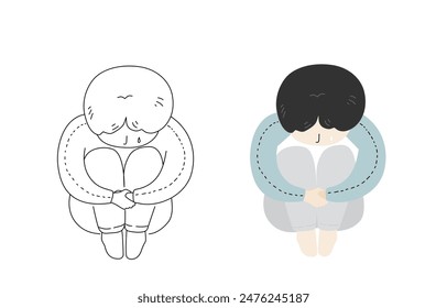 Niño niño abrazando las rodillas con lágrima en concepto de salud mental, contorno y Ilustración vectorial plana.