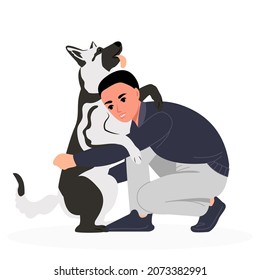 Child boy hugs his shepherd dog. Playing with a pet by children. Flat vector illustration