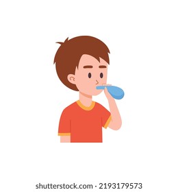 Child boy inflating a balloon for holiday birthday gift or game, flat cartoon vector illustration isolated on white background. Little child blowing a balloon.