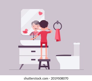 Child boy keeps teeth clean by brushing in a bathroom. Daily routine morning habit, little kid in washroom, room interior with toilet, sink and washbasin, wall mirror, rear view. Vector illustration