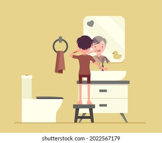 Child boy keeps teeth clean by brushing in a bathroom. Daily routine morning habit, little kid in washroom, room interior with toilet, sink and washbasin, wall mirror, rear view. Vector illustration