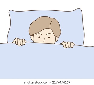 Child boy lay in bed cover with blanket. Night time Sleep, rest concept. Hand drawn cartoon style vector illustration.