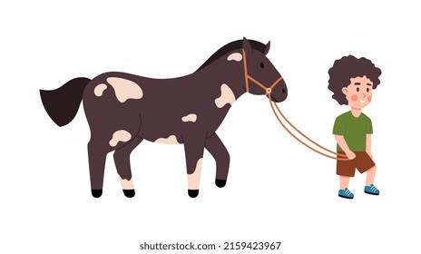 Child Boy Leads A Horse On A Leash. Kid Engaged In Horseback Riding And Caring For Horses, Flat Cartoon Vector Illustration Isolated On White Background.