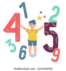 Child boy learning numbers and standing with mathematics figures in his hands, vector cartoon flat illustration isolated on white background.
