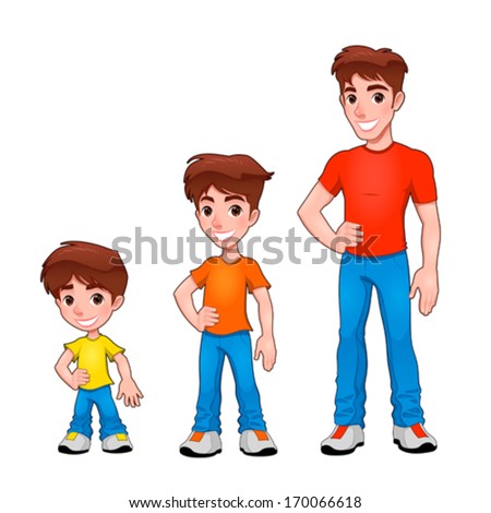Child, boy and man, description of age. Vector isolated characters.