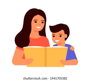 Child boy and mother read book, learn lesson. An open book for reading, learning, education and entertainment. Mom help kid with reading. Home school, online education, knowledge concept. Vector