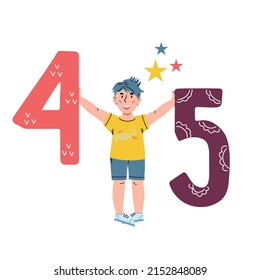 Child boy with numbers in his hands, vector cartoon flat illustration isolated on white background. Child learning numbers, counting and mathematics or arithmetic.