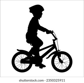 Child boy on bicycle, black silhouette, Vector illustration