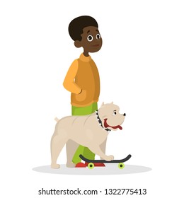 Child boy play with a dog. Happy kid and pet spend time together. Friendship between animal and children. Isolated vector illustration in cartoon style