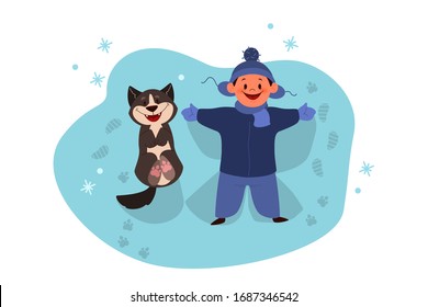 Child boy play with a dog outside. Happy kid and pet spend time together, winter activity. Friendship between animal and children. Isolated illustration in cartoon style