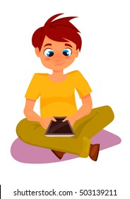 Child boy played in tablet, vector cartoon concept