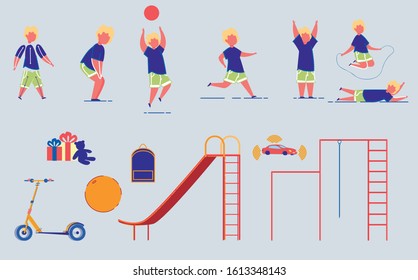 Child Boy Playing Cartoon Character Poses and Motions Set with Playground Equipment and Scooter. Childhood and Playing Activity, Amusement and Recreation Outdoor. Flat Vector Illustration Isolated.