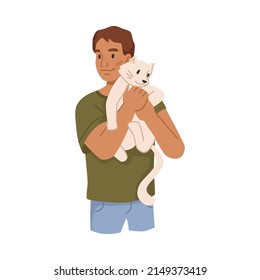 Child boy playing with cat, isolated teenager with feline animal petting and taking care. Vector flat cartoon character with pet, small kitten on hands of man. Spending time together