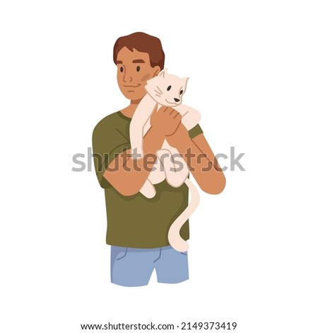 Child boy playing with cat, isolated teenager with feline animal petting and taking care. Vector flat cartoon character with pet, small kitten on hands of man. Spending time together