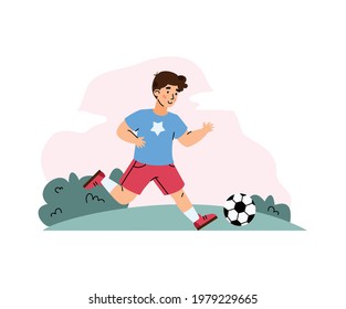 Child boy playing soccer or football on grass field, cartoon vector illustration isolated on white background. Childrens outdoor and daily sport activity.