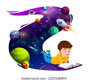 Child boy reading a book and thinking about space flight on rocket. Imaginative kid engrossed in a story, pondering the wonders of interstellar travel while dreaming of embarking on thrilling journey