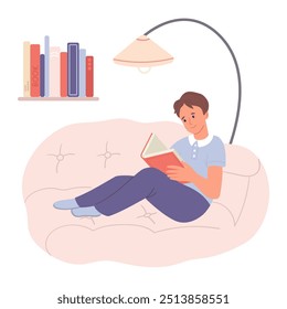 Child boy reading sitting on sofa. Kids character in cozy home environment. Reading teenager in armchair, bookshelf. Flat vector illustration.