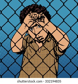 Child boy refugee migrants behind bars the prison boundary pop art retro vintage style. International Migrants Day 18 December