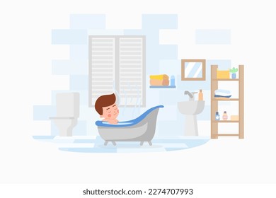 Child boy relaxing in bathtub, cartoon flat vector illustration isolated on white background. Bathroom interior. Kid taking hot bath. Concepts of hygiene and self care for kids.