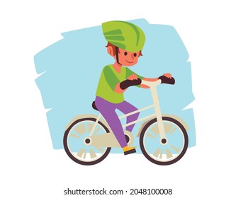 Child boy riding bicycle against sky blue backdrop, flat vector illustration isolated on white background. Child cartoon character riding sport city transport.