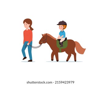 Child boy riding a horse with help of trainer or adult. Horse riding lessons for children, flat cartoon vector illustration isolated on white background.