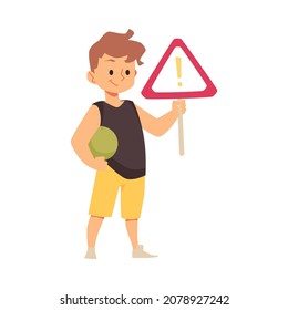 Child Boy With Road Hazard Warning Sign With Exclamation Mark In Hands, Flat Cartoon Vector Illustration Isolated On White Background. Road Rules For Children.