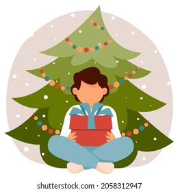 Child boy in santa claus hat is sitting by Christmas tree with gift. New year vector illustration in flat style.