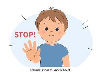 Child boy says stop. Person protecting personal boundaries concept. Violate personal space. Behavior in society. Vector illustration