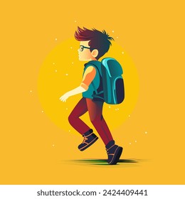 Child boy with school backpack go back to school, yellow background. Success, motivation, winner, genius concept, vector illustration.