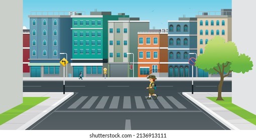 A child in boy scout clothes is crossing a crosswalk in the city.