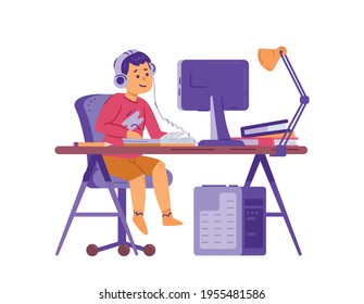 Kinderjunge sitzt am Schreibtisch vor dem Computer, flache Vektorgrafik einzeln.