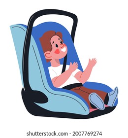 Child Boy Sitting In Children Car Seat, Smiling Kid In Pram With Handle. Soft And Comfortable Chair For Toddlers. Traveling And Moving In Vehicle, Safety And Security Strap. Vector In Flat Style